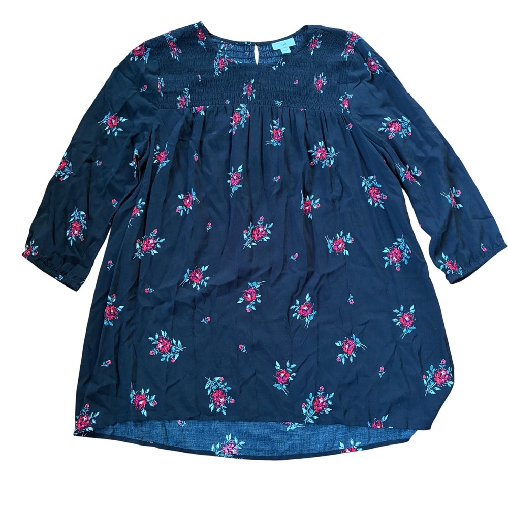 J.‎ Jill Black Red Floral Smocked Long Sleeve Tunic Medium Boho Cottagecore